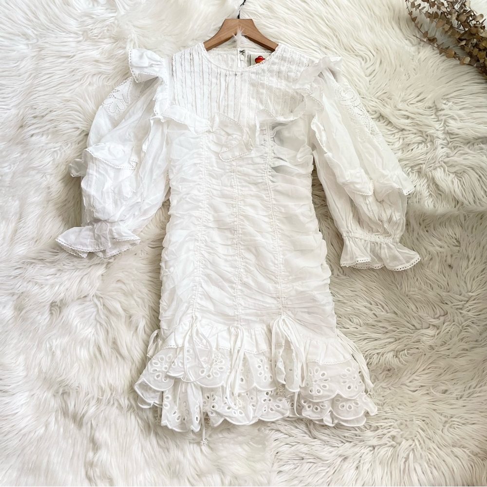 Farm Rio White Lace Cotton Mini Dress Eyelet Scalloped Victorian NWT S M - Picture 9 of 16